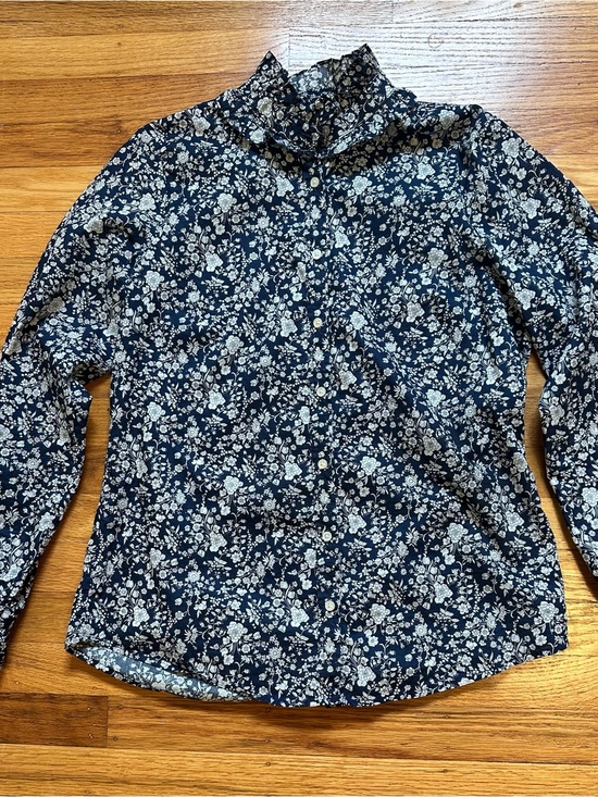 J. Crew Tops - Liberty x J Crew Navy and White Floral Ruffled Collar Shirt